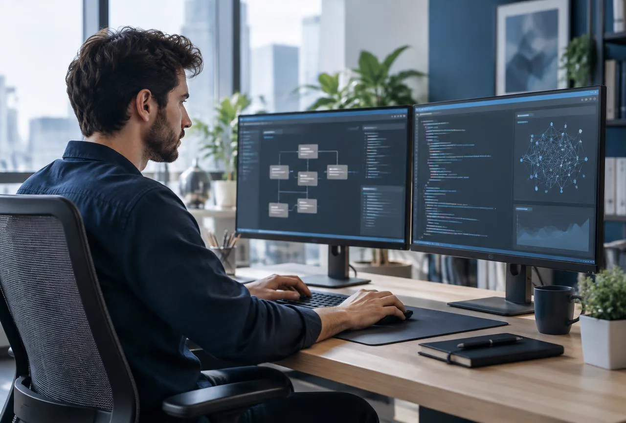 Software professional building an AI application at a modern workstation