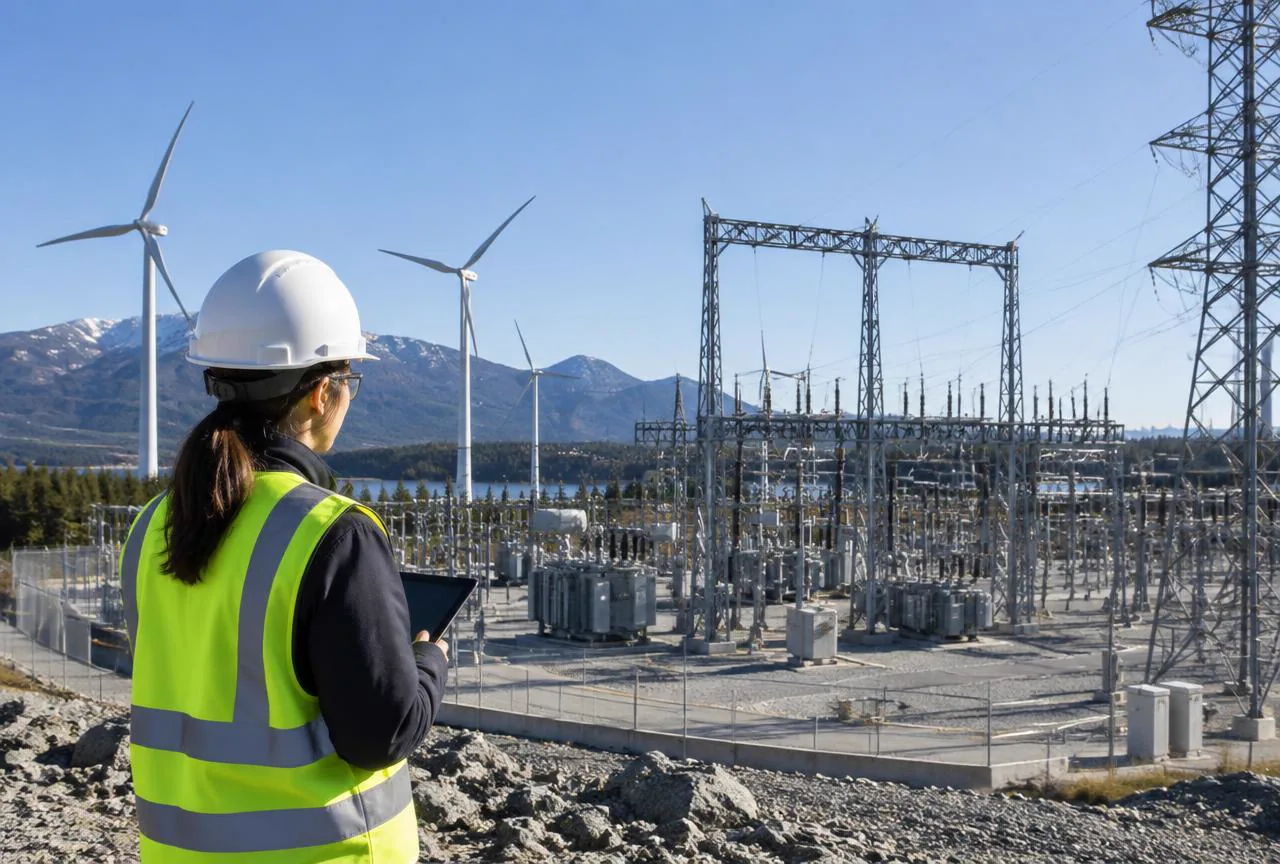 Engineer observing modern electrical and renewable energy infrastructure