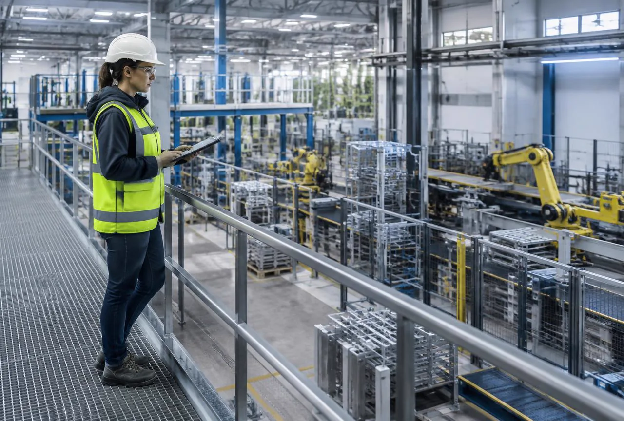 Engineer reviewing automated equipment in a modern industrial facility