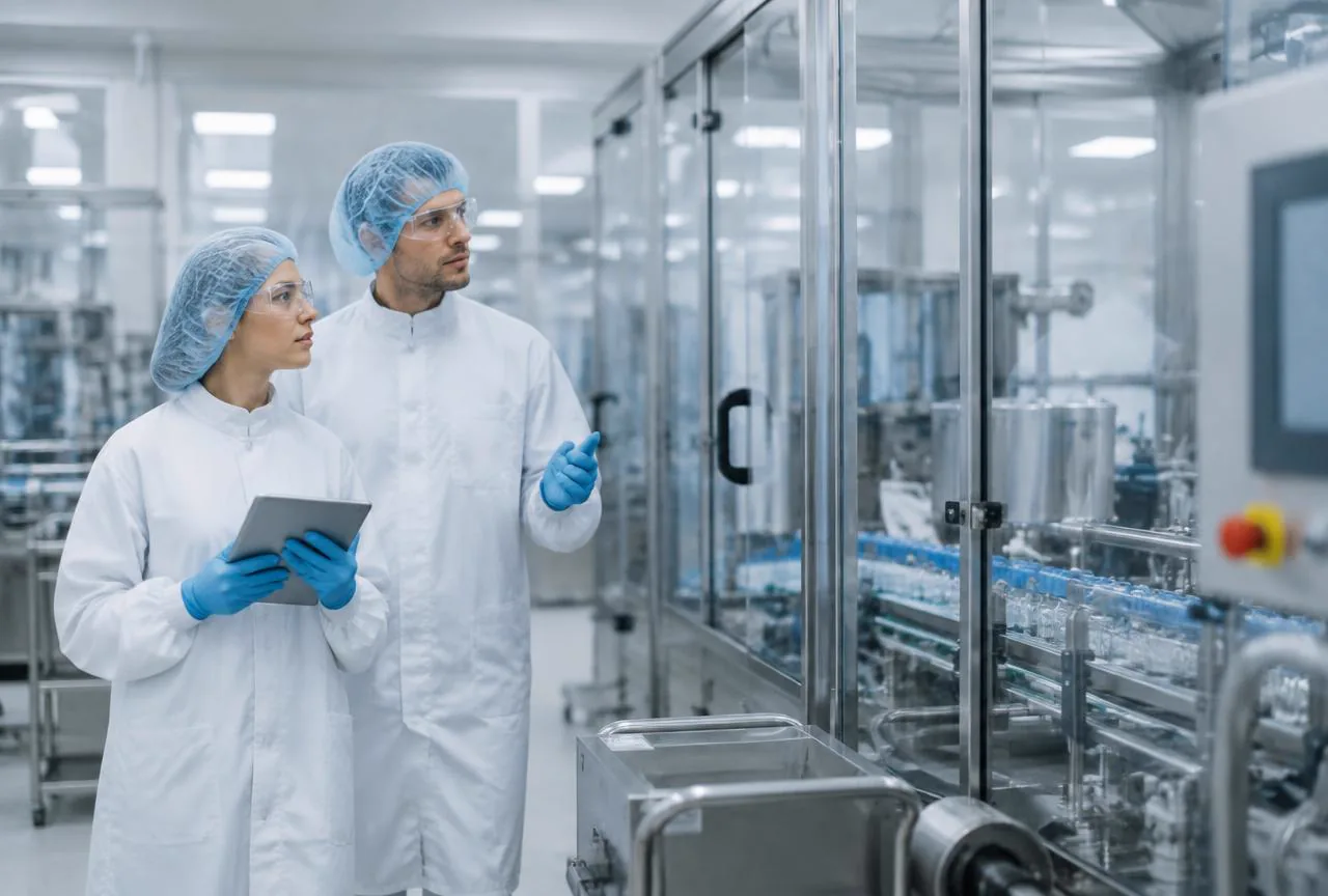 Professionals reviewing equipment in a clean pharmaceutical manufacturing environment