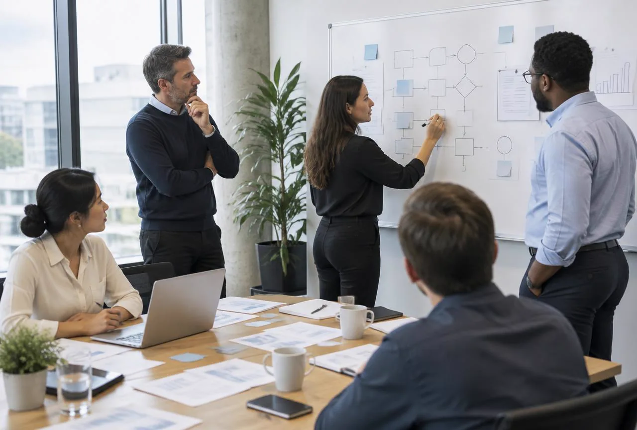 Business team mapping an operational workflow in a process workshop